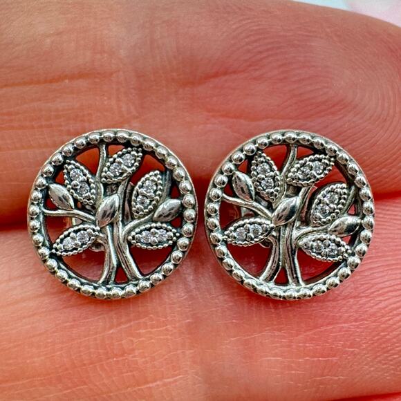 Pandora Tree of Life Stud Earrings Sterling Silver CZ 297843CZ Retired Signed - Picture 1 of 11